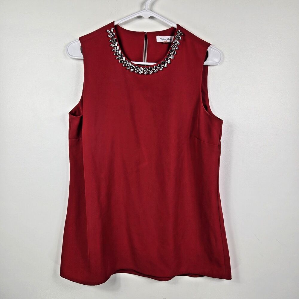 Calvin Klein Women's Size Small Red Sleeveless Tank Top Jewel Embellished